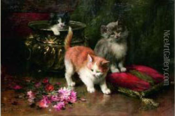 Trois Chatons Au Bouquet Oil Painting - Leon Charles Huber