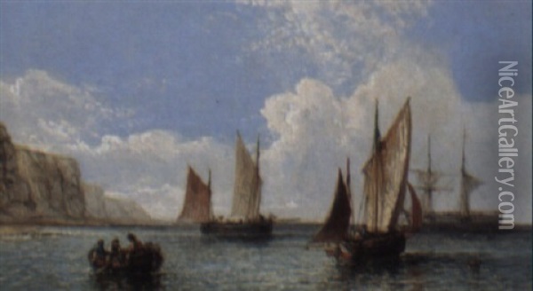 Rye Fishing Boats Off The White Cliffs Oil Painting - James E. Meadows