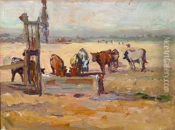 Cows At The Old Windmill Pump Oil Painting - Selden Connor Gile