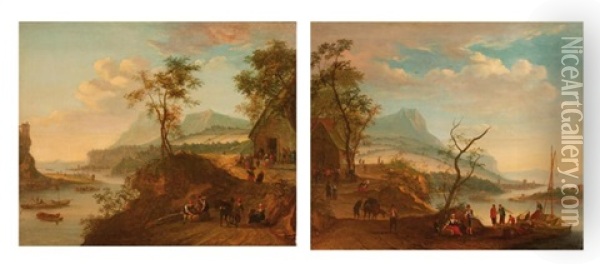 Scene De Peche Dans Un Paysage Montagneux (+ Personnages Devant Une Chaumiere Dans Un Paysage Fluvial; Pair) Oil Painting - Louis Chalon