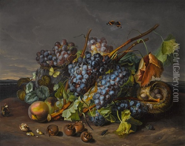Fruchtestillleben Mit Vogelnest Und Insekten Oil Painting - Sebastian Wegmayr
