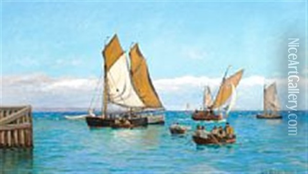 Fishing Boats Off The Pier In Hornbaek, In The Background Kullen Oil Painting - Carl Ludvig Thilson Locher