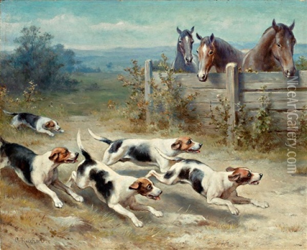 Jack-russell-meute Auf Der Jagd, Hinter Hag Drei Pferde Oil Painting - Carl Reichert