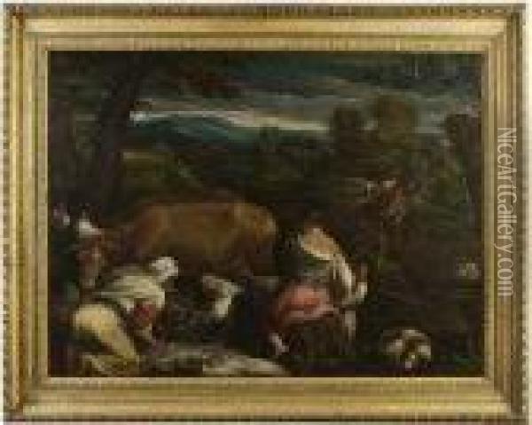 An Allegory Of Spring: Peasants Sowing, Feeding Lambs And Ploughing With Cattle Oil Painting - Jacopo Bassano (Jacopo da Ponte)