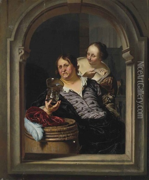 A Man Drinking With A Woman Holding A Fish Oil Painting - Willem van Mieris