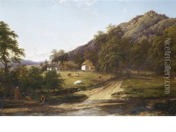 Washing In The River Oil Painting - Thomas Baker