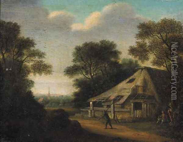 A traveller on a road by a farmhouse, a village beyond Oil Painting - Pieter Jansz. van Asch