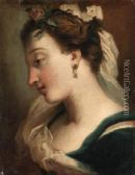 A Girl, Bust-length, In Profile, With A Rose In Her Hair Oil Painting - Gaetano Gandolfi