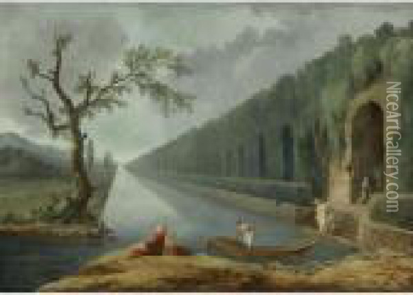 Garden Scene With A Canal Oil Painting - Hubert Robert