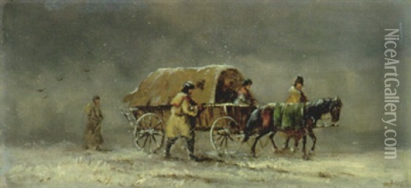 Winterlandschaft Mit Planwagen Oil Painting - Joseph Wolfram