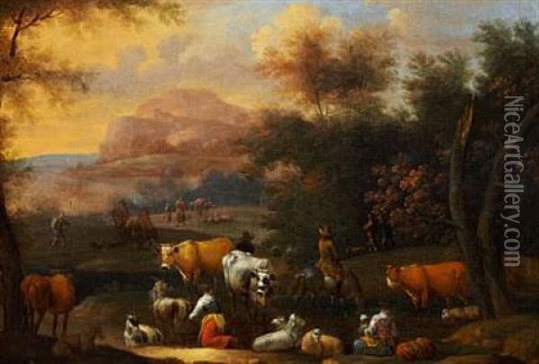 Pastoral Scene With A Man On Horseback, Herdsmen And Their Cattle Oil Painting - Franciscus Hamers