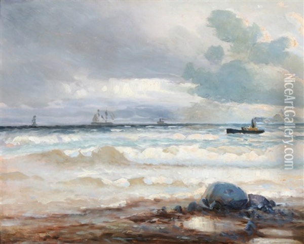 The Shore Outside Skagen Strand In Windy Weather Oil Painting - Carl Ludvig Thilson Locher