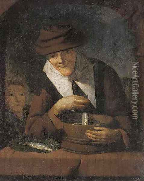 An old woman with a tub of fish at a casement Oil Painting - Gerrit Dou