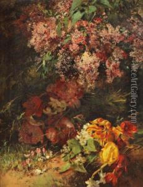 Composition Aux Lilas, Pivoines Et Tulipes Perroquet Oil Painting - Anna Peters