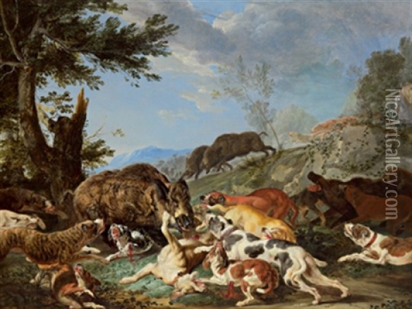 Die Wildschweinjagd Oil Painting - Carl Borromaus Andreas Ruthart