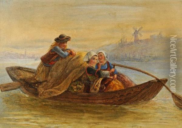 Three Young Girls In A Boat Oil Painting - Laurent Joseph Daniel Bouvier