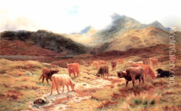 Highland Cattle Beside A Loch Oil Painting - Louis Bosworth Hurt