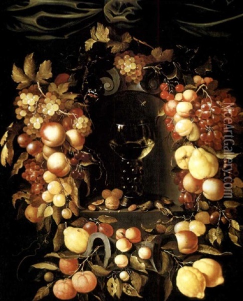 A Roemer With Walnuts And Almonds In A Niche Surrounded By A Garland Of Lemons, Peaches, Apricots, Oranges, Cherries And Grapes With A Red Admiral, Wasps And Ladybirds And A Canopy Above Oil Painting - Johannes Borman