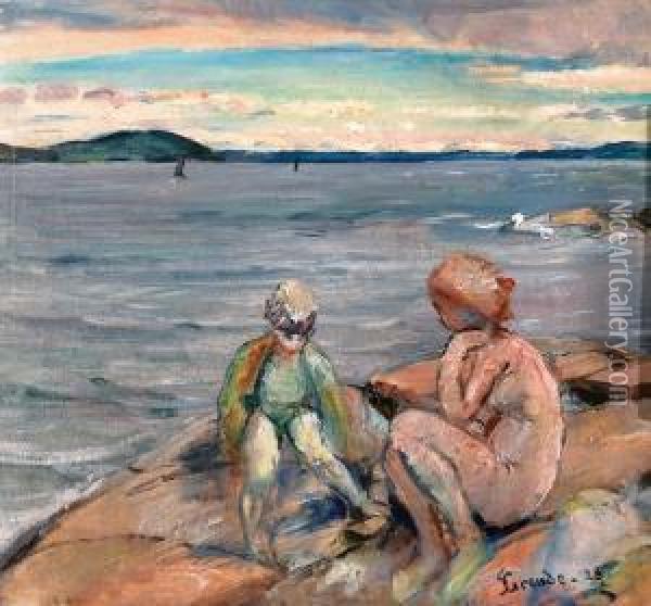 Kvinne Og Barn Pa Svaberg 1928 1928 Oil Painting - Severin Grande