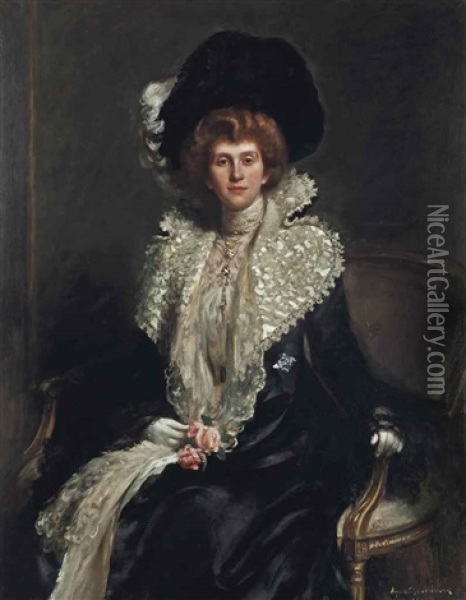 Portrait Of Mrs Haslam, Seated Three-quarter-length, In A White Dress And Pearl Necklace Oil Painting - Hugh de Twenebrokes Glazebrook