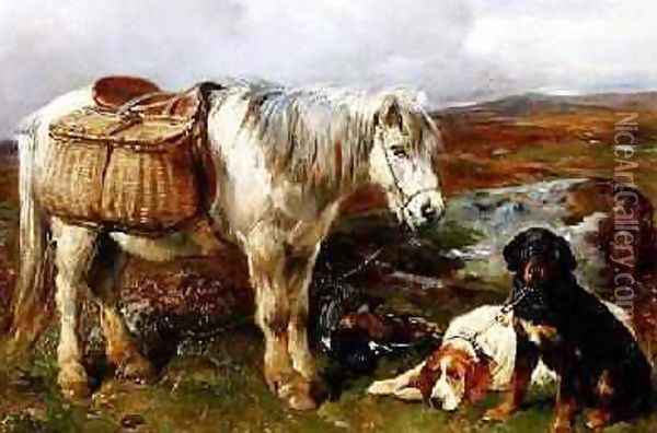 Highland Pony with Dogs Oil Painting - John Sargeant Noble, R.B.A.