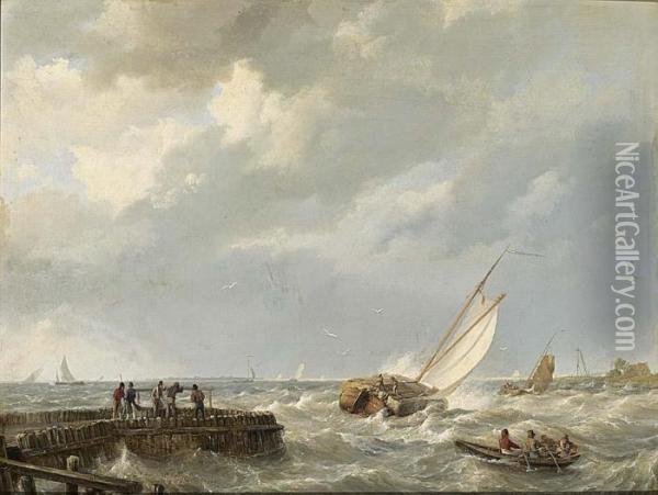 Shipping Off The Coast Oil Painting - Johannes Hermanus Koekkoek