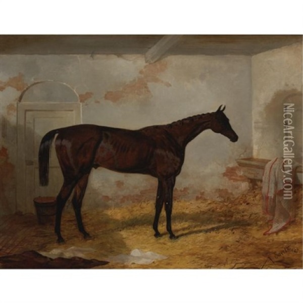Mr. A.w. Hill's Bay Colt "sweetmeat" In A Loose Box Oil Painting - Harry Hall