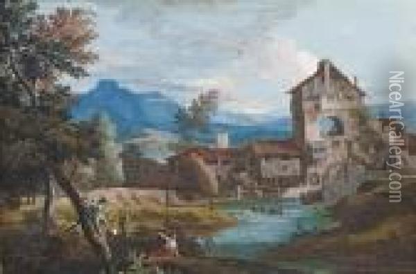 A Watermill In An Extensive 
Mountainous Landscape, With Peasants Climbing Trees In The Foreground Oil Painting - Marco Ricci