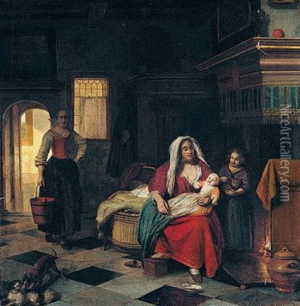 A Domestic Interior With A Mother Nursing Her Children Before A Fireplace, A Maid Carrying A Pail Of Water Behind Oil Painting - Pieter De Hooch