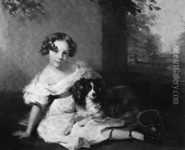 Young Girl In White Dress With Spaniel Oil Painting - Margaret Sarah Carpenter