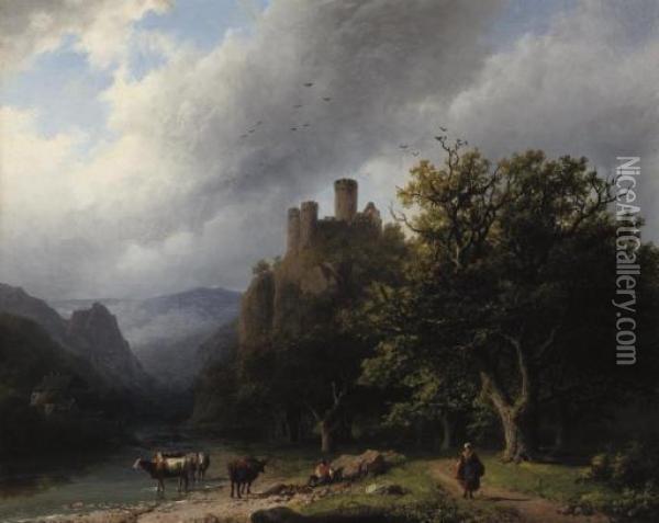 Een Bergachtig Landschap Waarin 
Een Kleine Waterval Bij Gewone Dag: On A River-bank In A Valley Oil Painting - Barend Cornelis Koekkoek