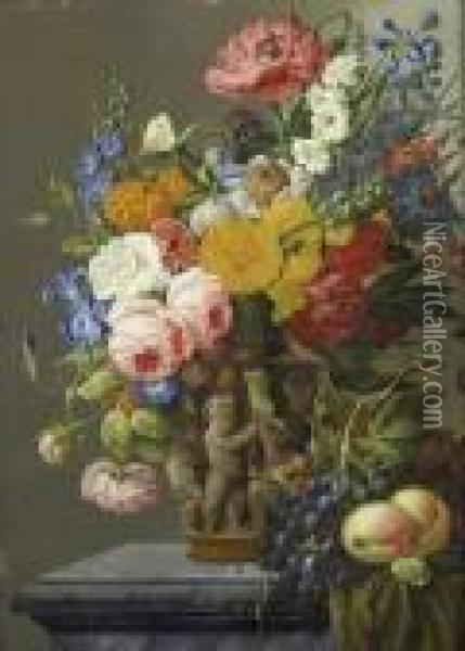 Bouquet De Fleurs Dans Un Vase Sur Un Entablement Oil Painting - Franz Xaver Petter