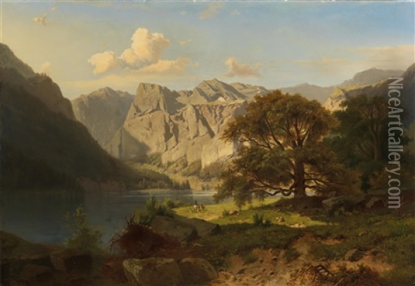 A Mountain Lake With Shepherds Oil Painting - Adolf Chwala