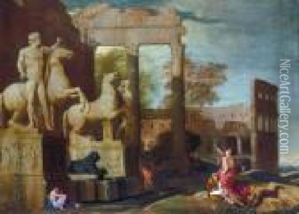 Capriccio Romano Con Il Colosseo E Le Statue Dei Dioscuri Castore Epolluce Oil Painting - Giovanni Ghisolfi