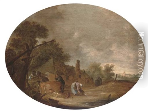 A Landscape With Peasants Drawing Water From A Well Before A House, A Church Beyond Oil Painting - Hendrick De Meijer