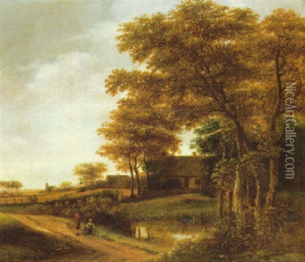 A Wooded Landscape With Travellers Resting On A Path Beside A Pond, With A Cottage And A Windmill Beyond Oil Painting - Pieter Jansz van Asch