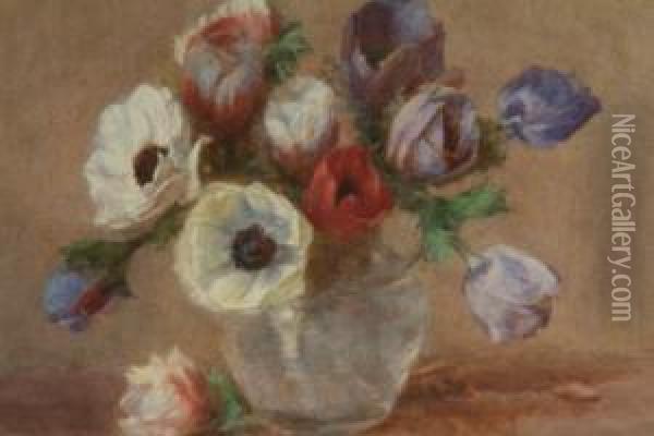 Still Life, Anenomes In A Glass Vase, Signed Lower Right, Watercolour, 25cms X 33.5cms See Illustration Oil Painting - Arthur Winter Shaw