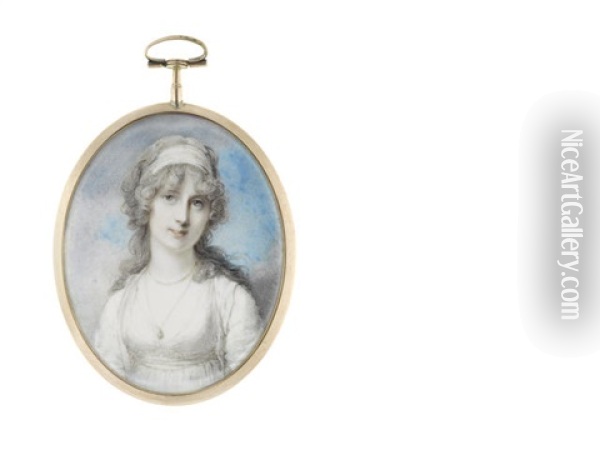 A Lady, Wearing White Dress And Matching Bandeau In Her Powdered Hair, A Double-stranded Pendant Necklace Suspended From Her Neck Oil Painting - Richard Cosway