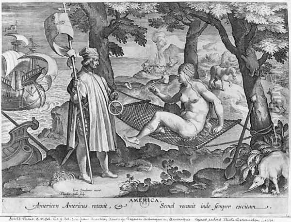 Amerigo Vespucci 1454-1512 landing in America, engraved by Theodor Galle 1571-1633 Oil Painting - Giovanni Stradano
