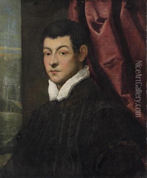 Portrait Of A Gentleman, 
Bust-length, In A Black Coat With A White Collar, By A Red Curtain Oil Painting - Jacopo Robusti, II Tintoretto