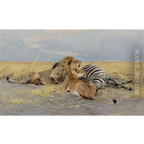The Victim: Lions And Zebra Oil Painting - Wilhelm Friedrich Kuhnert