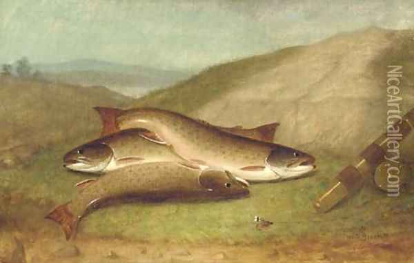 Catch of the Day - Trout on a Riverbank Oil Painting - Walter M. Brackett