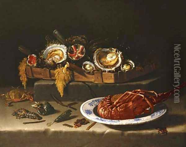 Shellfish in a basket, a lobster in a bowl and shells, a crayfish and a crab on a stone ledge Oil Painting - Giuseppe Recco