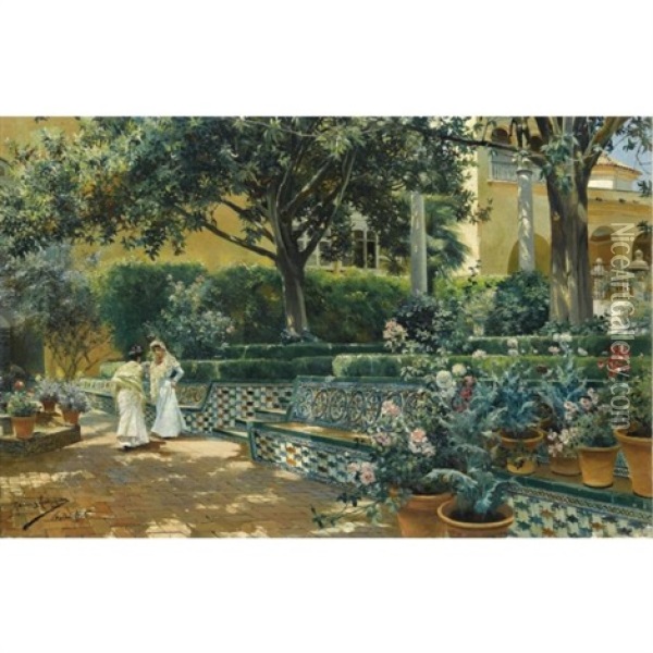 Jardin De Los Reales Alcazares De Sevilla (gardens Of The Alcazar, Seville) Oil Painting - Manuel Garcia y Rodriguez