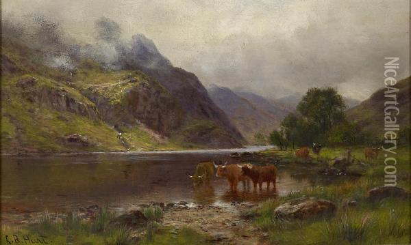 Highland Cattle Watering By The Loch's Edge Oil Painting - Louis Bosworth Hurt