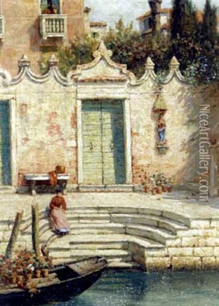 Lady On The Steps Of A Venetian Courtyard Oil Painting - Burr H. Nicholls