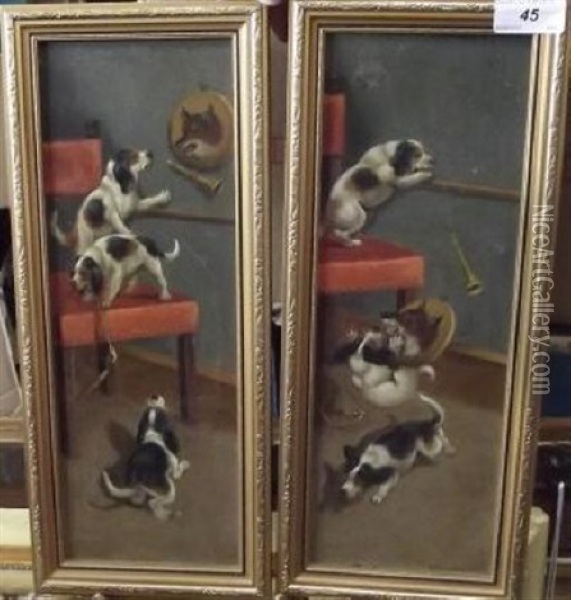 Three Mischievous Hound Puppies (pair) Oil Painting - Roland Knight