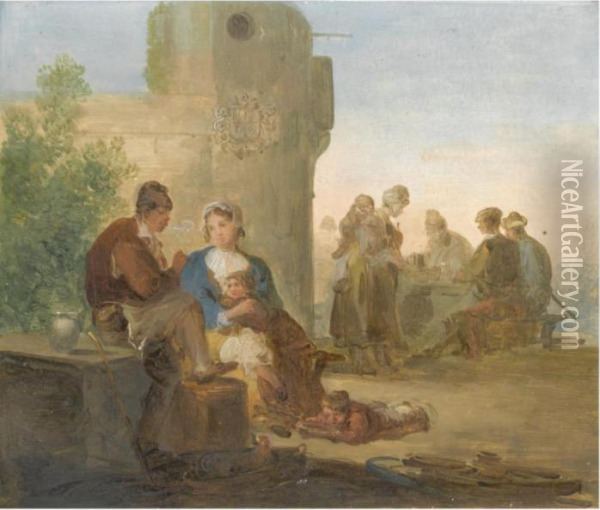 A Landscape With Peasants Resting Outside A Tavern Oil Painting - Giuseppe Bernardino Bison