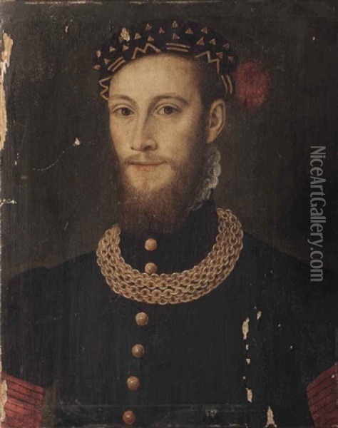 Portrait Of A Bearded Gentleman, Bust-length, In A Black Coat With Gold Buttons And Chain, Wearing A Black Feathered Cap With Gold Embroidery Oil Painting - Francois Clouet