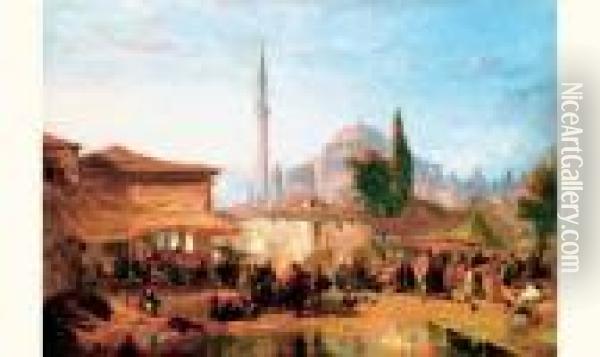 Vue De La Petite Mosquee De Sainte Sophie Devant Le Marche Cankurtaran-pazari Oil Painting - Edward Alfred Angelo Goodall